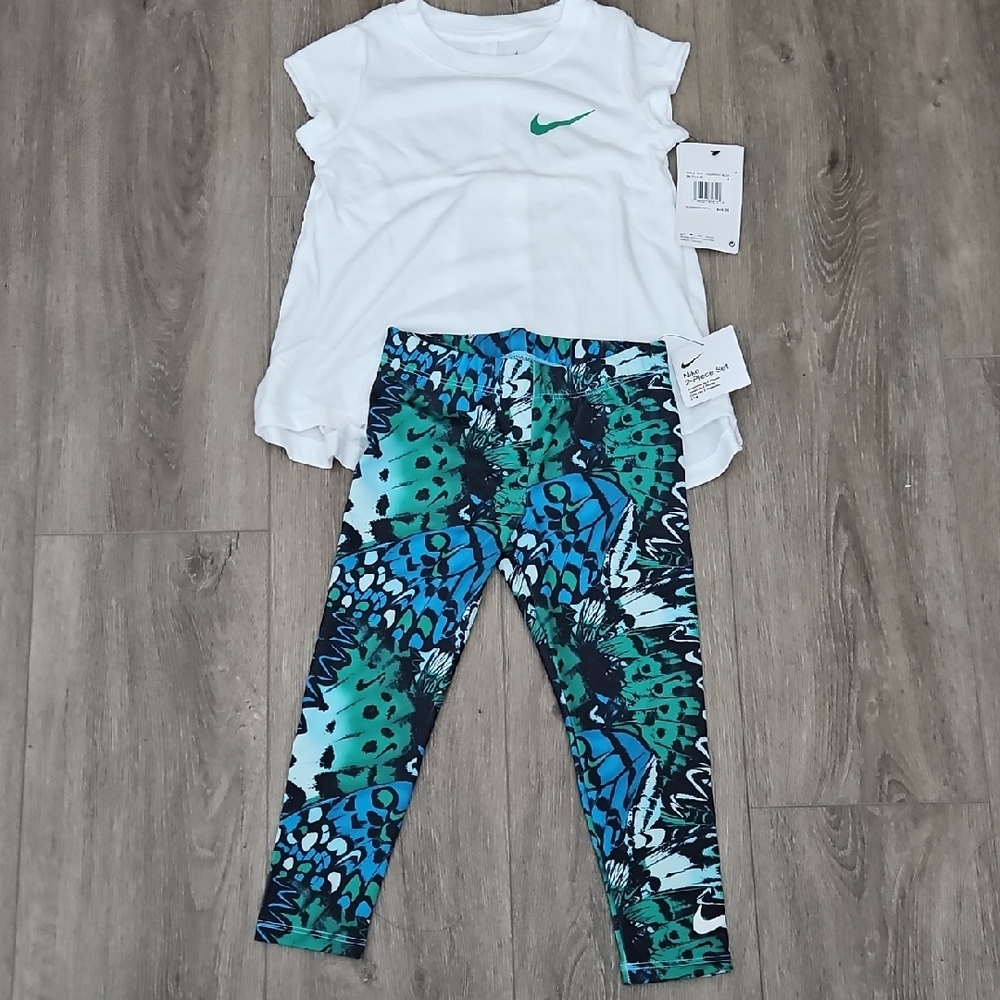 Nike Kids' Blue Patterned Legging Set White Top Girls Size 4